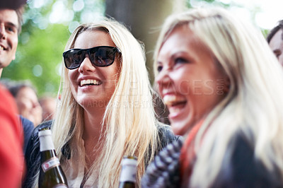Buy stock photo Outdoor, funny and excited with friends, festival or energy with happiness or bonding together. Event, carnival or man with women or crowd with summer or laugh with celebration or party with sunshine