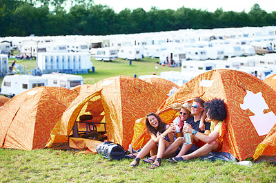 Buy stock photo Happy friends, tent or laughing at funny festival for joke, comedy or humor at outdoor campsite. Friendship, young group or people enjoying fun holiday weekend, event or camping out on grass at party