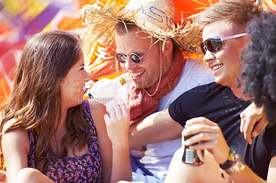 Buy stock photo Happy, friends and laughing at festival for joke, comedy or funny humor at outdoor campsite. Friendship, young group or people enjoying fun holiday weekend, event or camping out together at party