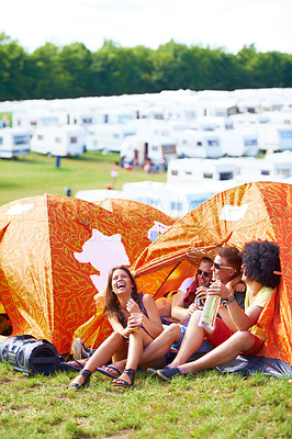 Buy stock photo Happy, friends and laughing in tent at funny festival for joke, comedy or humor at outdoor campsite. Friendship, young group or people enjoying fun holiday weekend, event or camping on grass at party