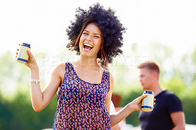 Buy stock photo Woman, excited outdoor and beer at music festival, party with fun and cheers, celebration and happiness. Freedom, dancing and alcohol drink in can, camping with social event in park or public garden