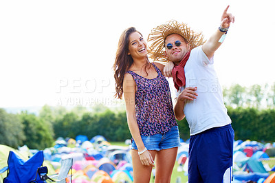 Buy stock photo Portrait, happy or friends at outdoor music festival for concert or party in nature on fun holiday. Smile, camping or people enjoying event outside at carnival on vacation for celebration together