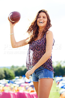 Buy stock photo Happy woman, football and playing at outdoor festival for game, match or catch in nature. Young female person with ball and smile for friendly sport or activity at summer party, camp site or event