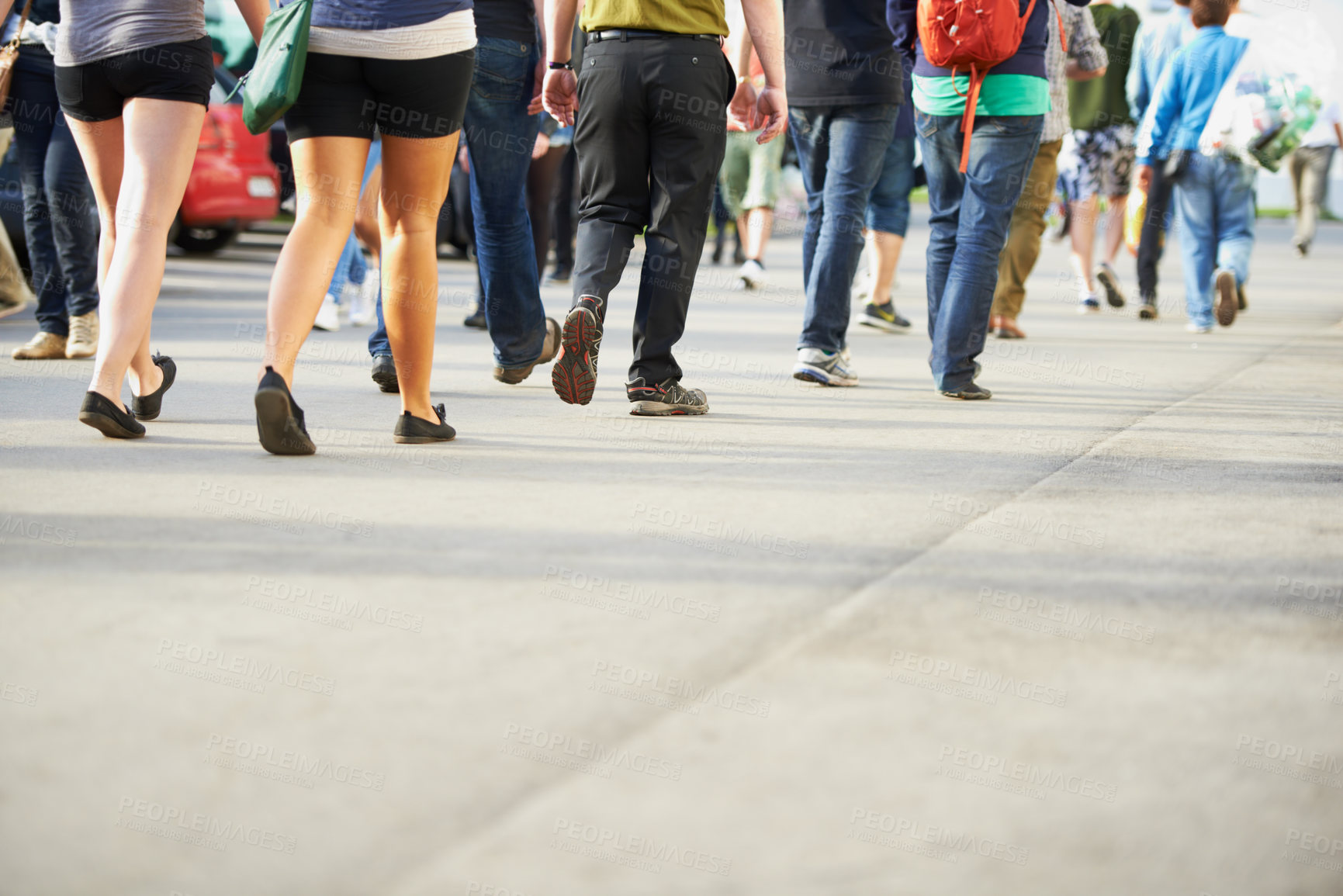 Buy stock photo Crowd, legs and people on road walking on holiday vacation or weekend to travel or fun in city. Social, festival or shoes of community outdoors for group activity, event and commute in urban town