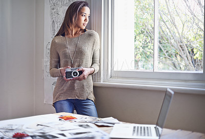 Buy stock photo Woman, photographer and vintage camera or thinking for creative images in portfolio or art project, proposal or career. Female person, equipment and pictures with laptop for retro, hobby or prints