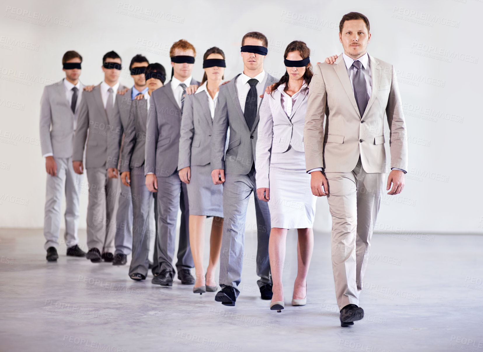 Buy stock photo Business people, blindfold and leader for team confidence, united and lost in workplace. Management, employees and collaboration in uncertainty, control strategy and support in direction or workforce