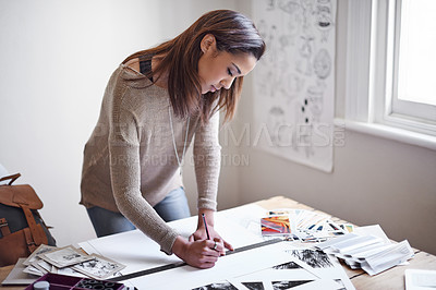 Buy stock photo Woman, photography and paper for creative project with images for art portfolio, planning or professional. Female person, pencil and ruler in studio with picture prints or magazine, proposal or hobby