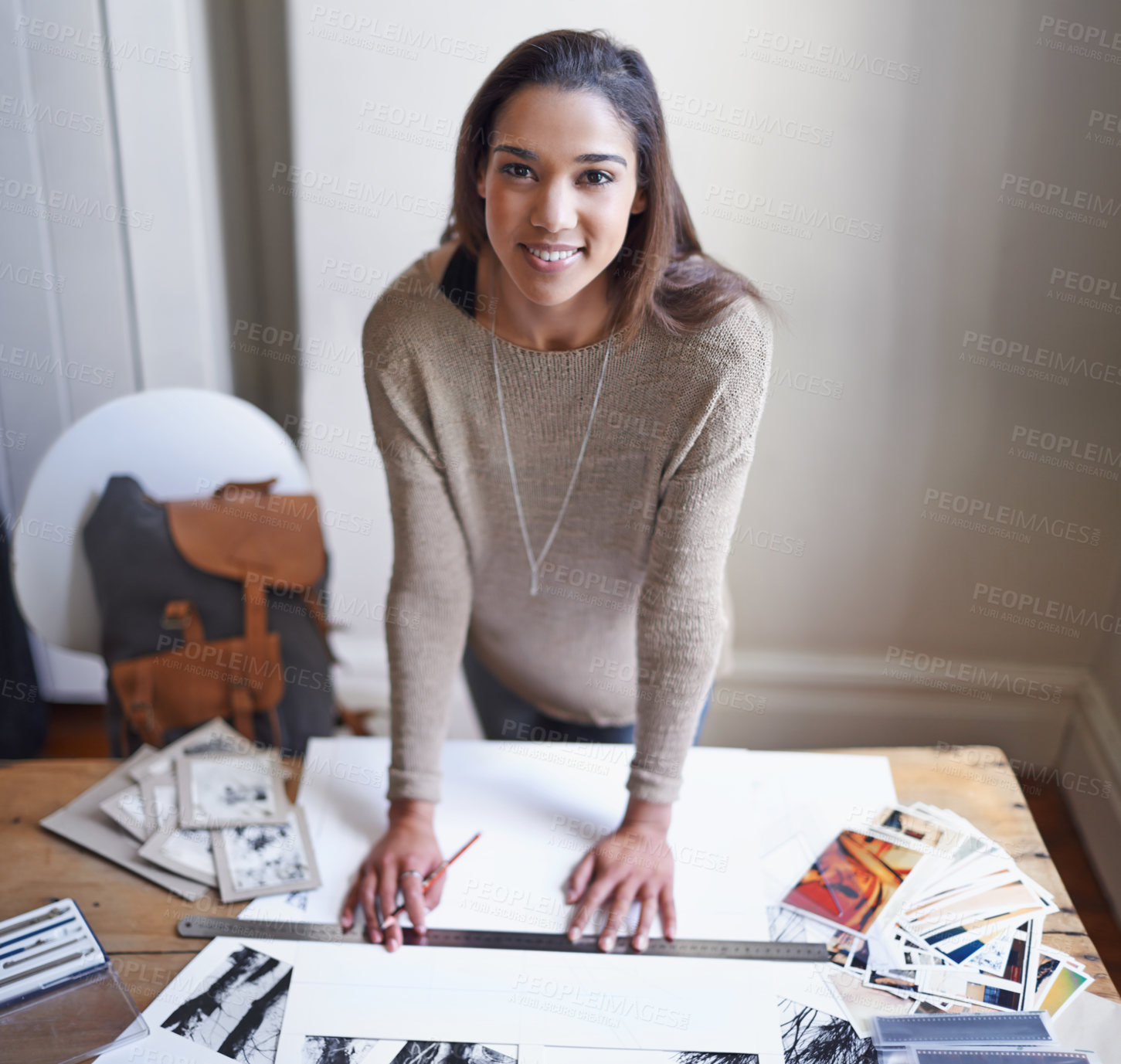 Buy stock photo Happy, business woman and portrait of graphic designer drawing on paper with ruler in startup for remote work. Person, face and smile of creative professional at table with pencil in Brazil at home