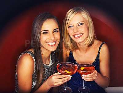 Buy stock photo Smile, cocktails and portrait of women at event for party, bonding or happy hour together. Happy, confidence and young female friends with alcohol drinks at night club for celebration and fun.