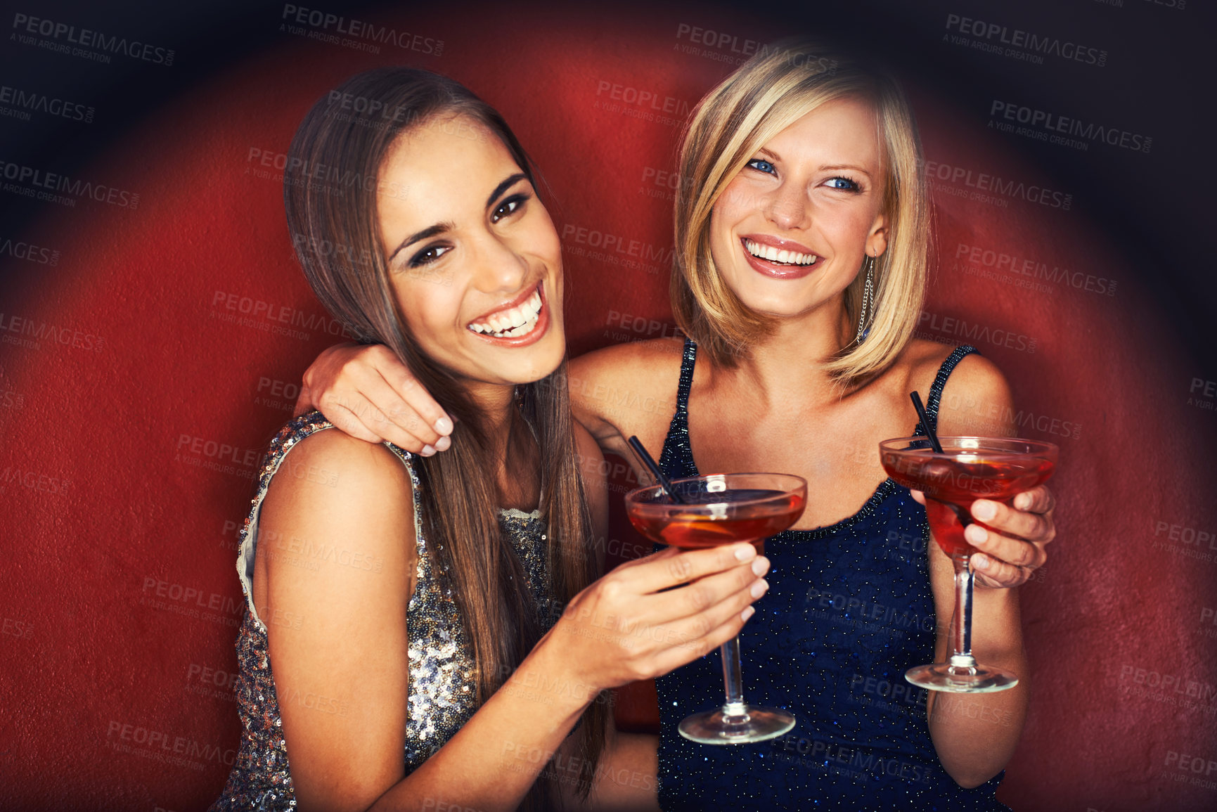 Buy stock photo Happy, cocktails and portrait of women at event for party, bonding or happy hour together. Smile, confidence and young female friends with alcohol drinks at night club for celebration and fun.