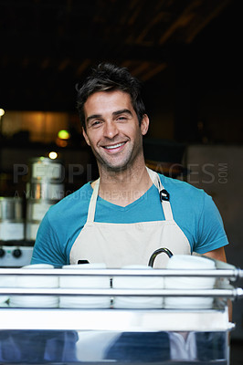 Buy stock photo Portrait, smile and man in cafe with coffee machine with pride for small business owner in hospitality. Service, waiter or happy barista in restaurant with confidence, face and entrepreneur in store.