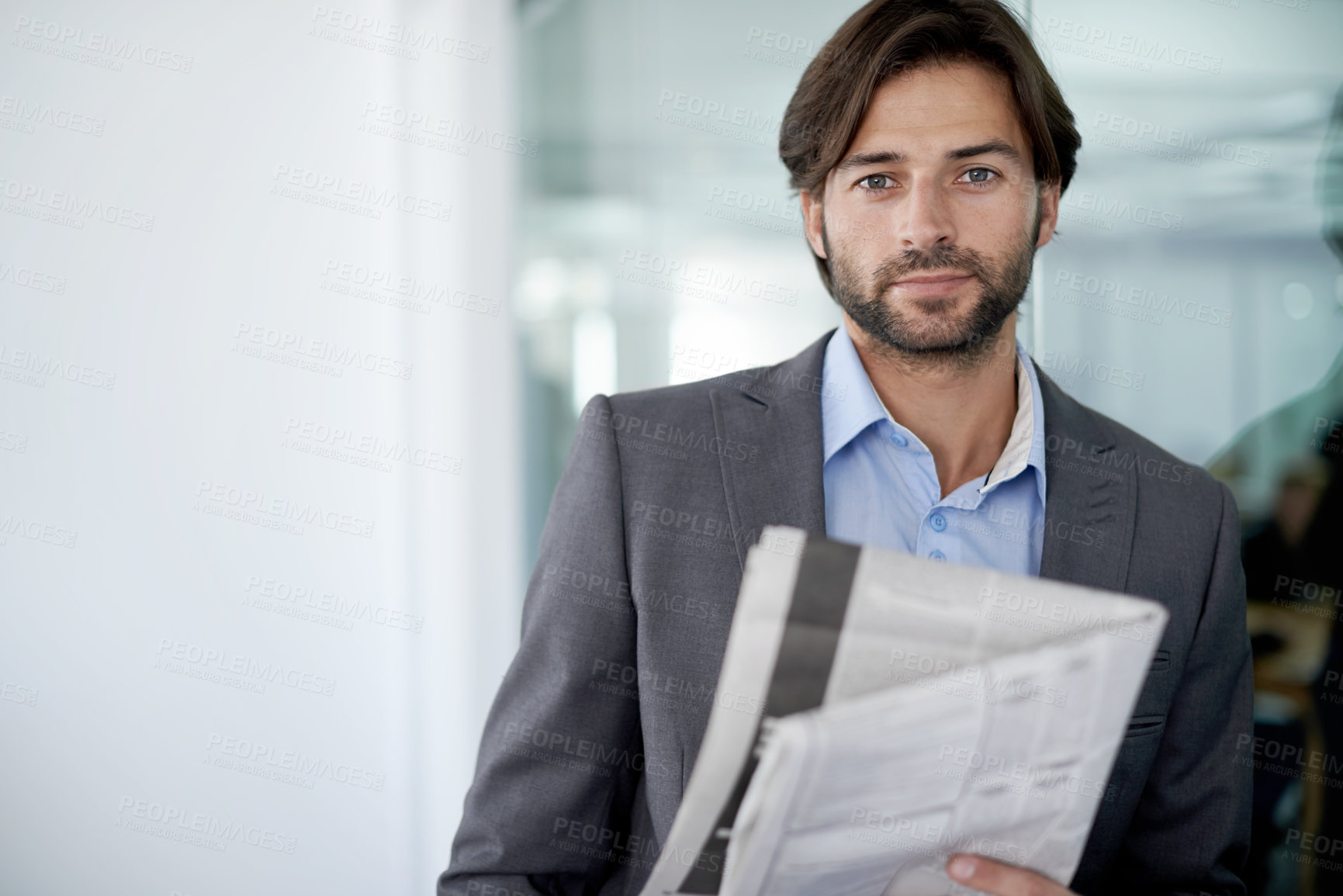 Buy stock photo Business man, portrait and newspaper for information, article and story update in office. Male person, professional and stock market announcement for analyst, workplace and knowledge on trading