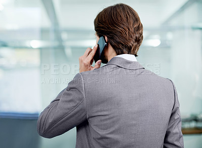 Buy stock photo Businessman, planning and phone call for networking in office, communication and app for conversation. Male person, negotiation and connection for opportunity, talking and back for speaking at work