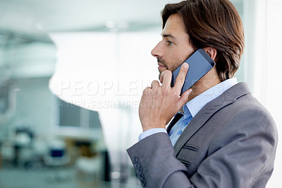 Buy stock photo Businessman, deal and phone call for networking in office, communication and app for conversation. Male person, negotiation and connection for opportunity in career, talking and b2b for planning