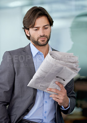 Buy stock photo Business man, accountant and reading newspaper for information, article and story update. Male person, professional and stock market announcement for analyst, workplace and knowledge on trading