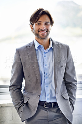 Buy stock photo Business man, portrait and confidence for startup in office, professional and pride for work opportunity. Male person, architect and happy at development company, employee and expert at workplace
