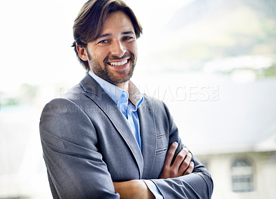 Buy stock photo Businessman, architect and confident for startup in portrait, developer and pride for real estate opportunity. Male person, happy and planning for future at company, employee and vision for property