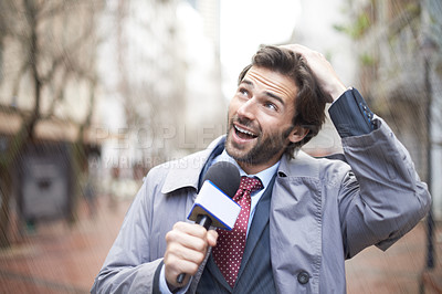 Buy stock photo Weather, man and reporting on rainstorm, smile and journalism with media and breaking news. Feedback, person and employee with a microphone or professional in New York city with information or anchor