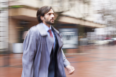 Buy stock photo Businessman, hurry and street in city for work in corporate company, late for meeting and overcoat. Executive, outdoor and rush in town in blur to be professional for New York office and stress