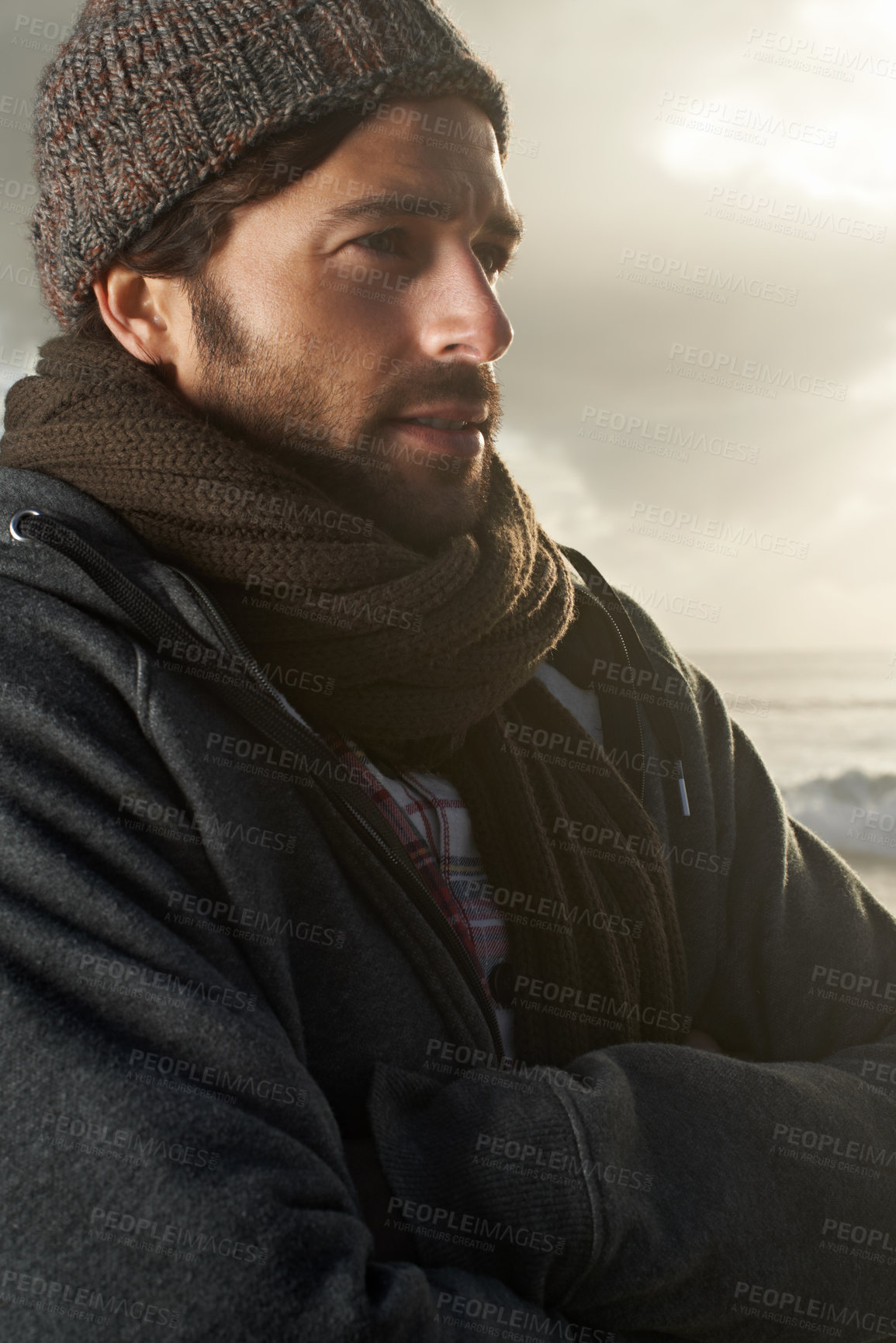 Buy stock photo Man, nature and winter fashion by ocean for cold, comfort and protection in cape town weather climate. English guy, idea and trendy clothes of scarf, beanie and thinking at overcast beach in morning
