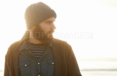 Buy stock photo Man, nature and winter fashion by beach for cold, comfort and protection in cape town weather climate. English guy, thinking and trendy clothes of scarf, beanie and idea by overcast ocean in morning