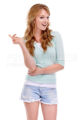 Buy stock photo Pointing, fashion or portrait of model in studio for advertising, marketing or news announcement. Happy, wow or excited woman on white background for choice, presentation or smile on mockup space