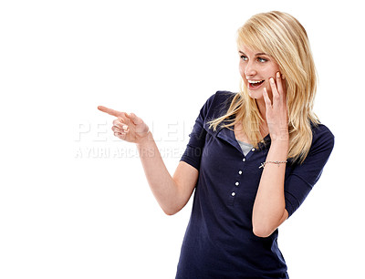 Buy stock photo Woman, pointing at mockup space and advertising, information or news with communication platform in studio. Marketing, announcement or about us with presentation for promo and ads on white background