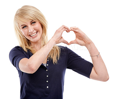 Buy stock photo Woman, portrait and heart hands for care in studio, kindness and peace emoji or symbol. Happy female person, support icon and smiling on white background, romance emoticon and gratitude for thank you