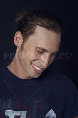 Buy stock photo Thinking, smile and man with ideas, why and confident guy on a dark studio background. Person, happy and model with questions and brainstorming with beauty and emoji with planning and wonder with joy