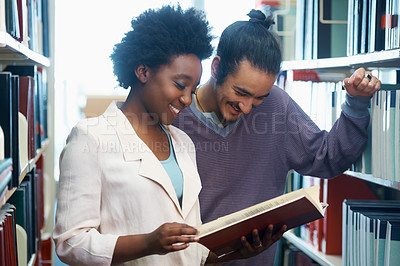 Buy stock photo Man, woman and friends at library or reading book together as students for education, research or learning. University, pupils and literature in USA college for degree exam, collaboration or test