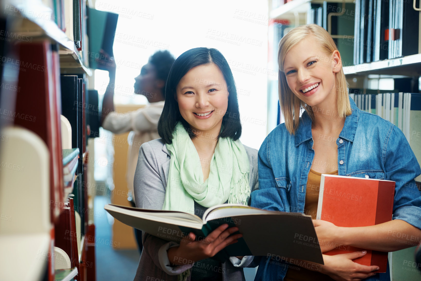 Buy stock photo Woman, friends and portrait or book in library or studying for university education, scholarship or knowledge. Female people, face and reading at USA college or literature test, revision or academic