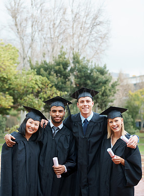 Buy stock photo College, graduation and portrait with group of friends celebrate with diploma and certificate. University, success and happy people on campus with achievement of degree in education on scholarship