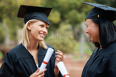 Buy stock photo Graduation, girl friends laugh and study certificate of students with happy communication outdoor. Mockup, female student and graduate with happiness and college achievement with diploma and toga