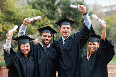 Buy stock photo College, graduation and portrait of group in celebration with diploma, certificate and happiness. University, success and people with achievement of degree, award and education on scholarship
