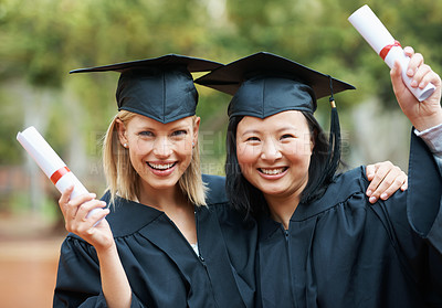 Buy stock photo Graduation, girl friends portrait and study diploma of students with happy face outdoor. Celebrating, female student and campus graduate with happiness and college achievement with diversity and toga