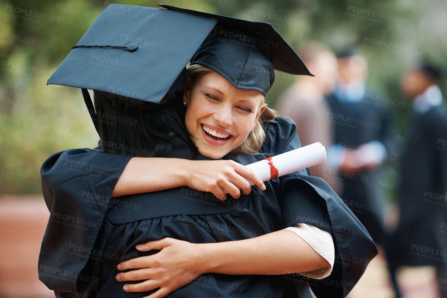 Buy stock photo Friends, hug and graduation with celebration, smile and achievement with knowledge and success. People, outdoor or students with education or embrace with support or certificate with diploma or happy