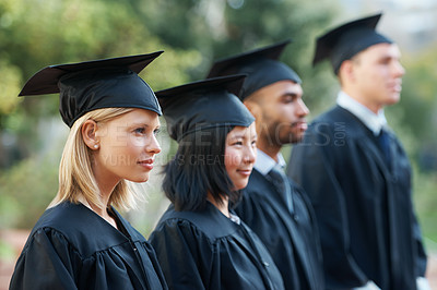 Buy stock photo Row, graduation and students in college or university to celebrate school diploma or degree. Diversity, graduate scholarship or proud women with men or education certificate in line at ceremony event