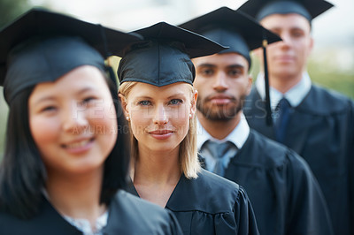 Buy stock photo Portrait of woman, graduation and students in college or university to celebrate school diploma or degree. Diversity, graduate scholarship or proud community with education in line or ceremony event