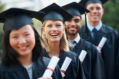 Buy stock photo College, graduation and portrait of group at ceremony with diploma, certificate and happiness in line. University, success and class of people with achievement of degree in education  on scholarship