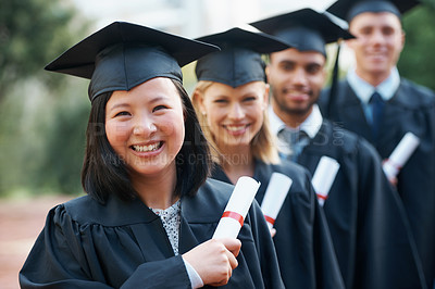 Buy stock photo Graduation, certificate and portrait of group at college ceremony in line with diploma and happiness. University, success and class of people with degree achievement, award and education scholarship