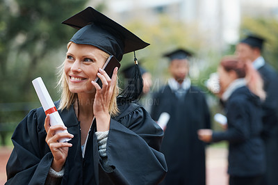 Buy stock photo Phone call, student or happy woman in graduation on campus in university, school or college. Outdoor, education scholarship or excited graduate with mobile for talking, chatting or speaking of degree