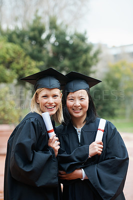 Buy stock photo Graduation, campus or portrait of friends with education, future goal or studying for opportunity. Women, smile or happy college graduate with success, certified achievement or university scholarship