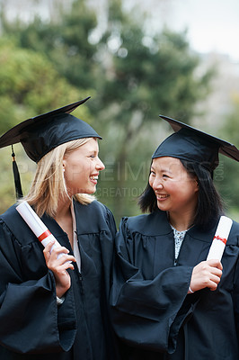 Buy stock photo Graduation, certificate and diversity with student friends outdoor on campus for ceremony at university. Education, smile and success with graduate women at college together for scholarship event