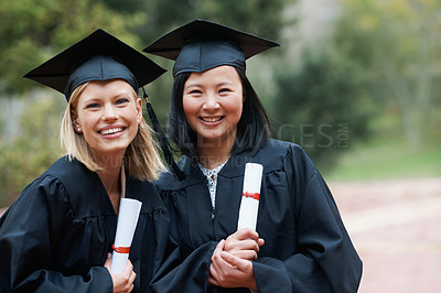 Buy stock photo Graduation, campus or portrait of women with education, future goal or studying for opportunity. Friends, smile or happy college graduate with success, certified achievement or university scholarship