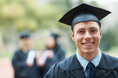 Buy stock photo Graduation, campus or portrait of happy man with education, future goals or studying for opportunity. Pride, smile or college graduate with success, certified achievement or university scholarship