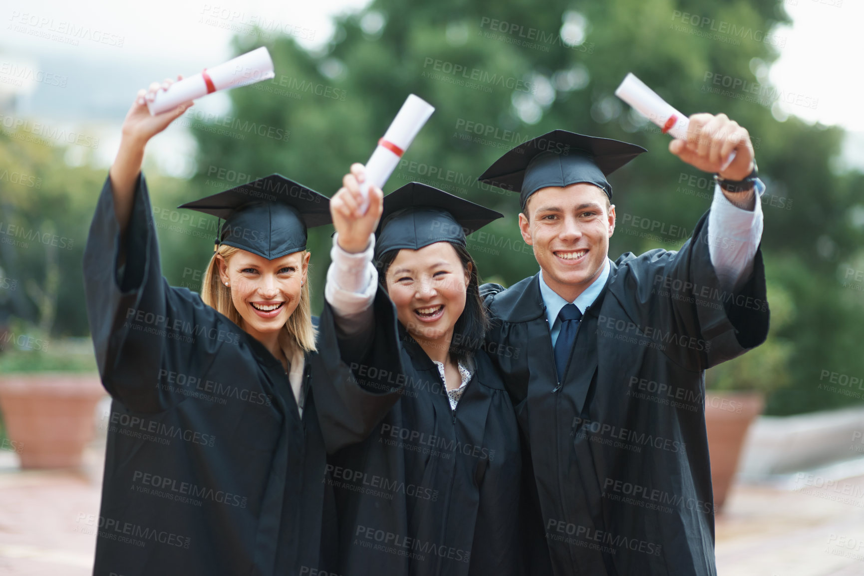 Buy stock photo College, celebration and portrait of group at graduation with diploma, certificate and happiness. University, success and people with pride for achievement of degree in education  on scholarship