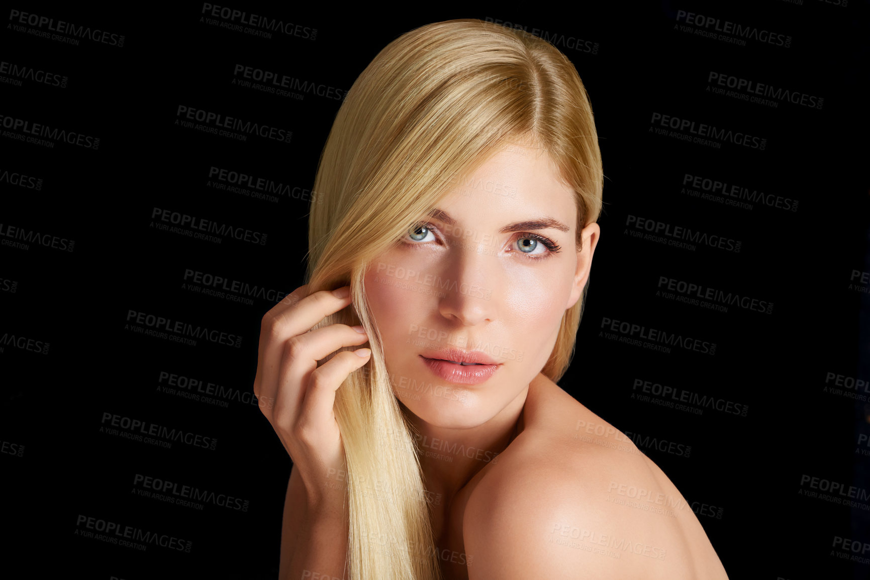 Buy stock photo Beauty, haircare and portrait of woman with straight hairstyle, salon care and keratin isolated in dark studio. Styling, treatment and face of blonde girl with healthy hair shine on black background.