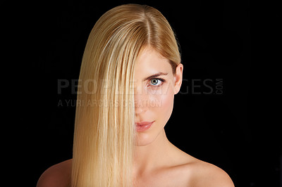 Buy stock photo Portrait of a beautiful blonde woman isolated on black