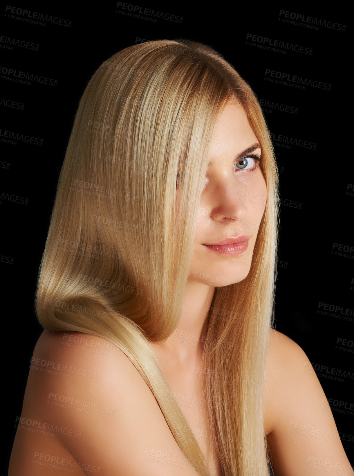 Buy stock photo Beauty, hair and portrait of woman with blonde hairstyle, salon care and keratin treatment isolated in dark studio. Styling, glow and face of girl with healthy haircare shine on black background.