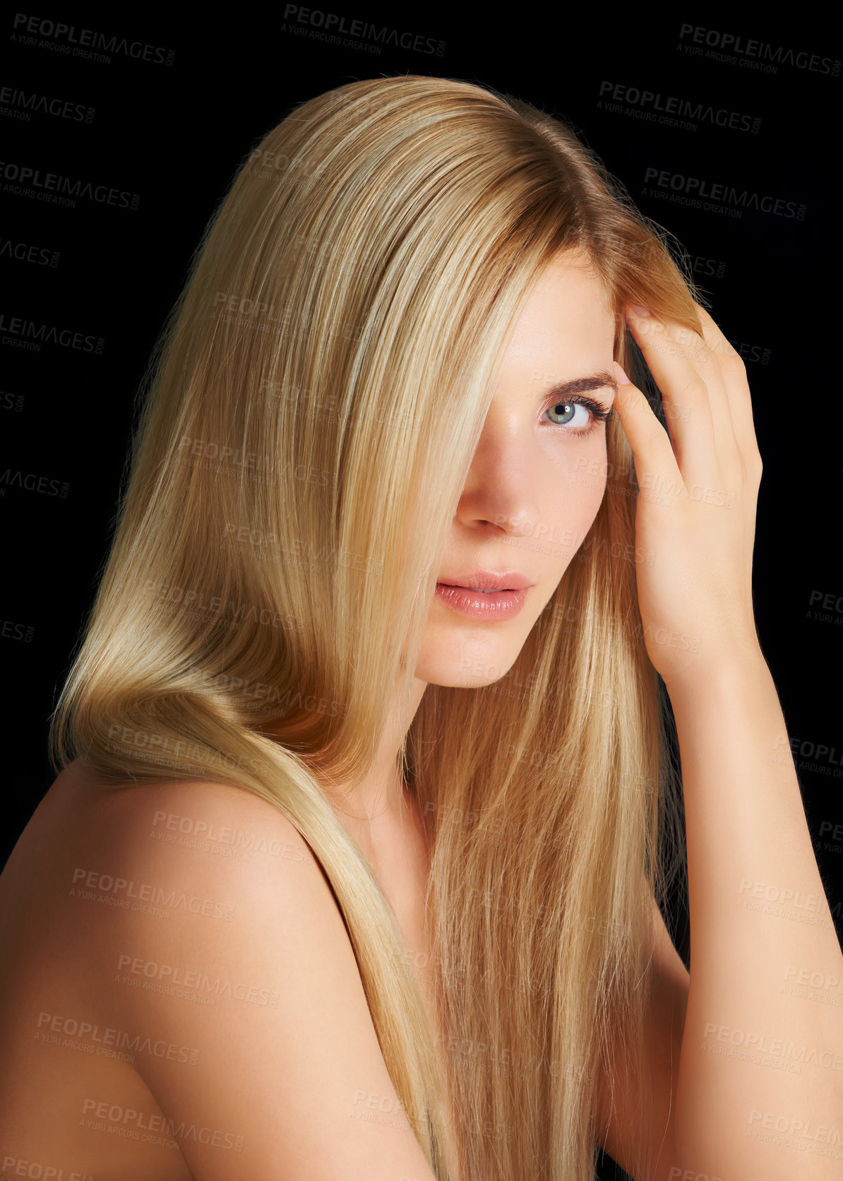 Buy stock photo Beauty, hair and portrait of woman with straight hairstyle, salon care and keratin isolated in dark studio. Styling, treatment and face of blonde girl with healthy haircare shine on black background.